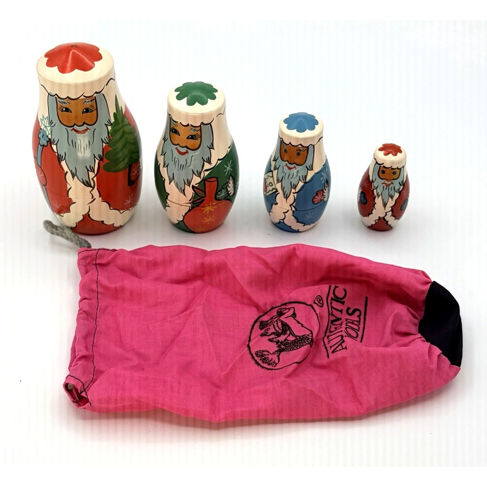 SANTA 🎅🏻 Hand Painted & Carved Russian USSR Nesting Dolls Set Of 4 Christmas